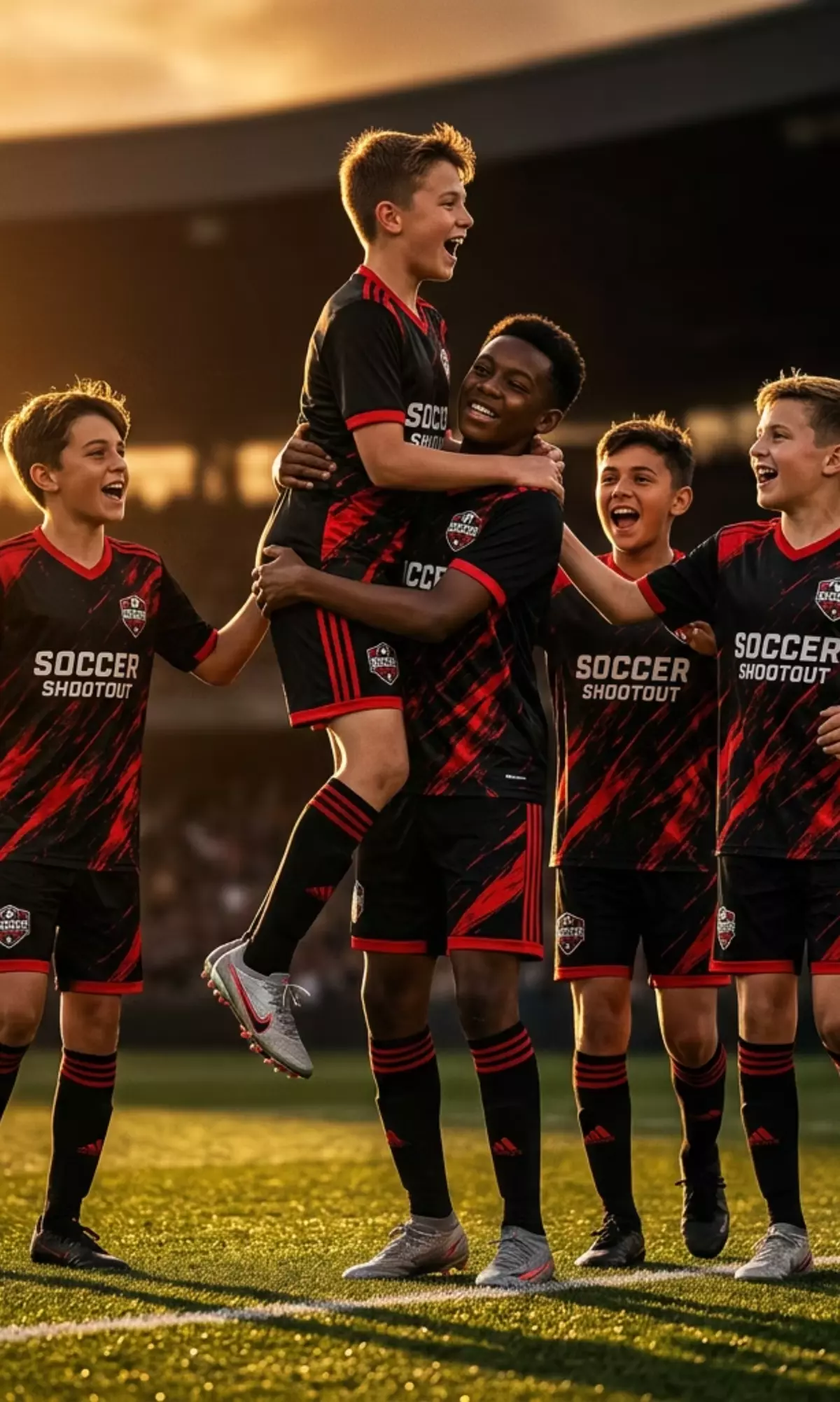 Players in Soccer Shootout kits celebrating a goal on opening day.