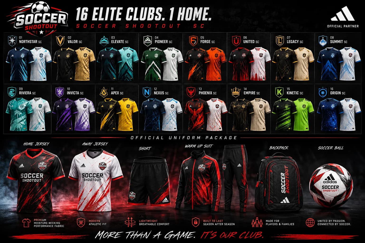 The 16 Soccer Shootout clubs and the official uniform package: home jersey, away jersey, shorts, warm-up suit, backpack, and match ball.