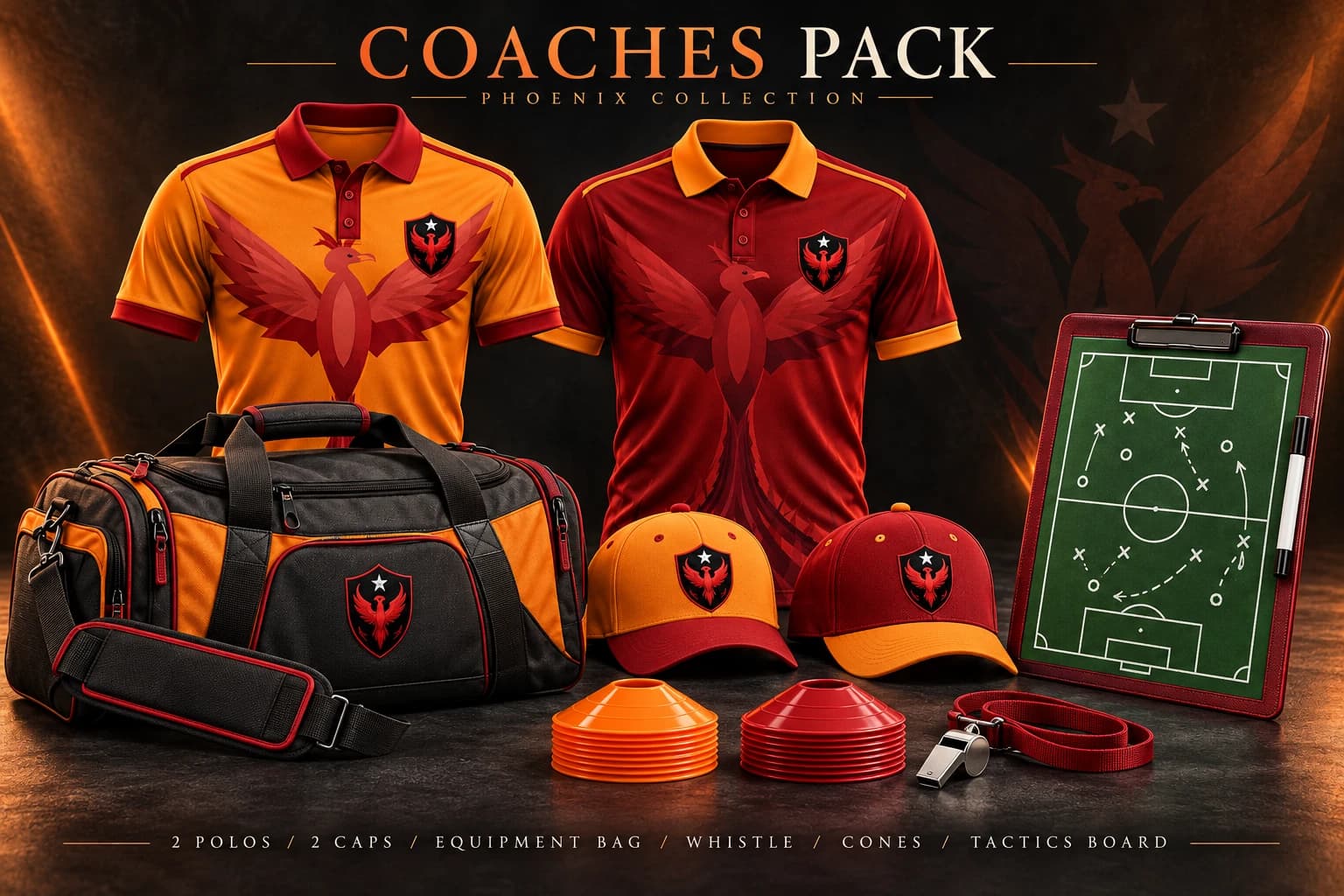 The Soccer Shootout coaches pack in the Phoenix SC look: two polos, two caps, an equipment bag, cones, a whistle and a tactics board.