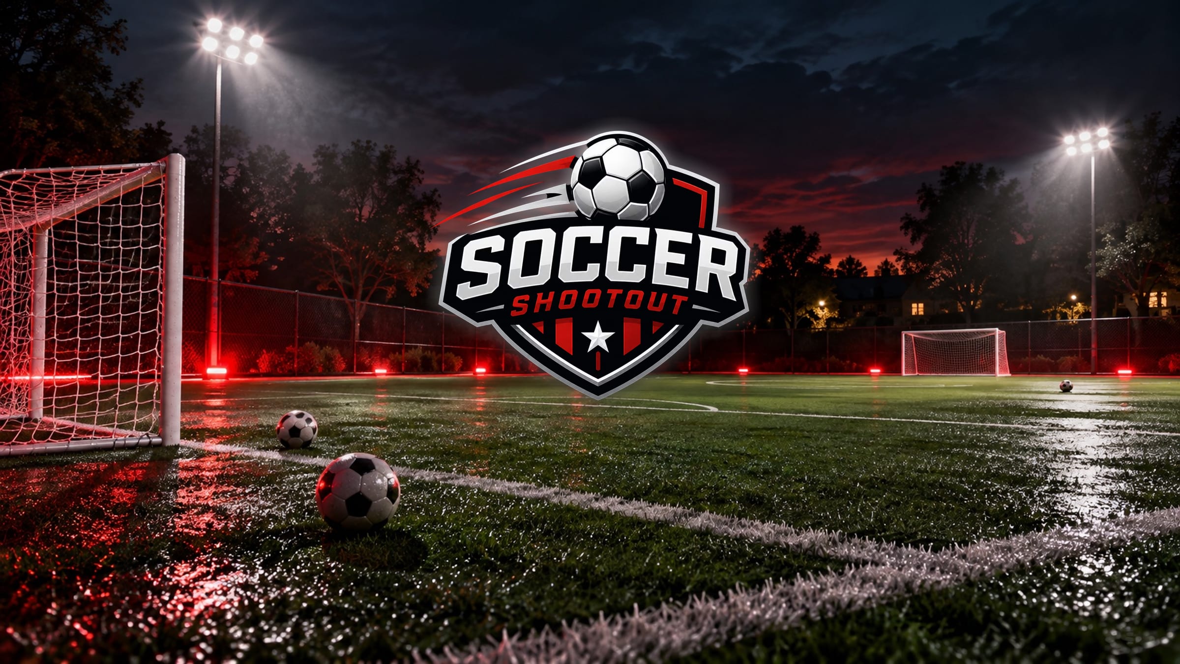 Soccer Shootout crest glowing above a floodlit soccer field with red sideline lights.